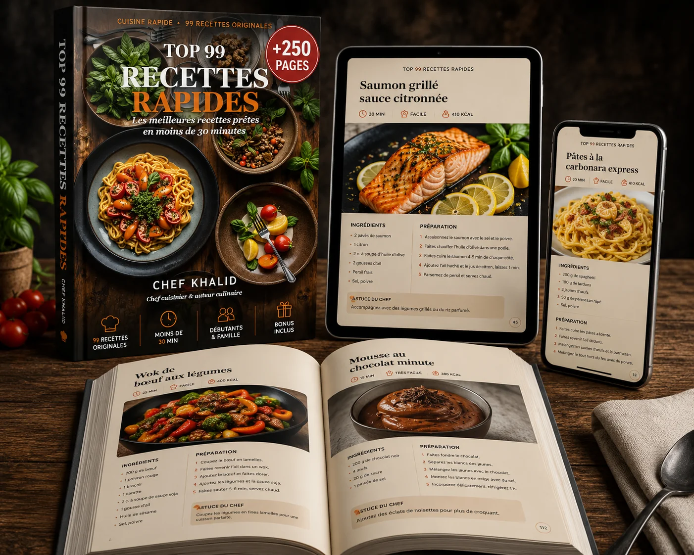 Le livre TOP 99 Recettes Rapides sur tablette, téléphone et en version papier