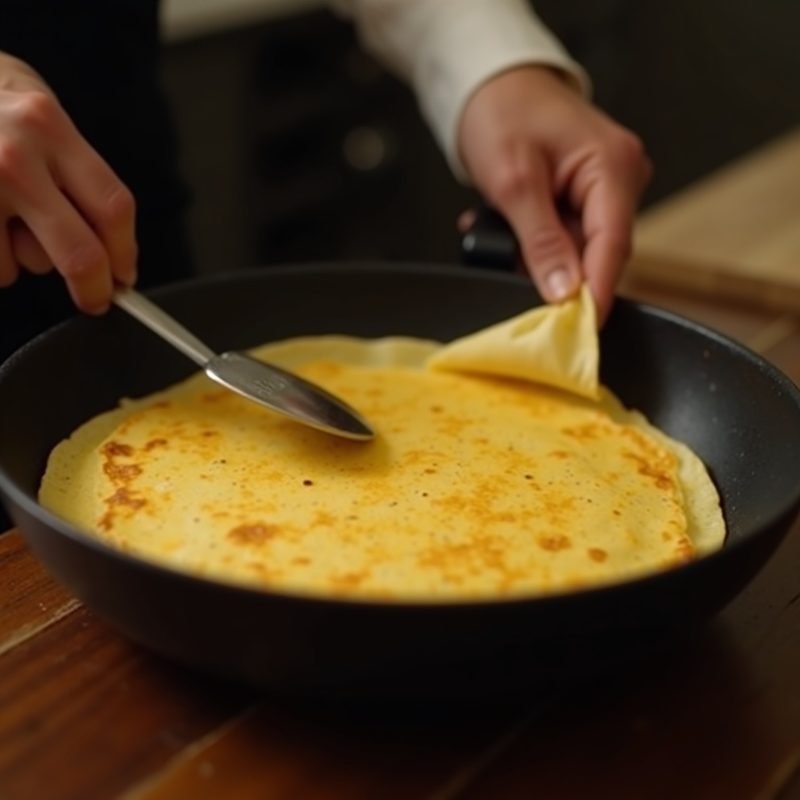 Cuisson et pliage d'une crêpe dorée à la poêle, étape clé de la recette de crêpes